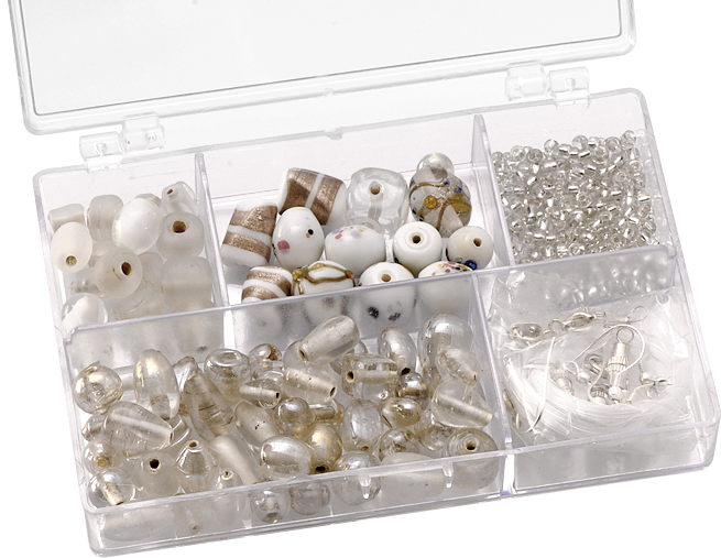 Assortimentbox glaskralen klein 11,5 x 7,5 x 2,5 cm wiGlass Beads Assortment Box small 11.5 x 7.5 x 2.5 cm whit