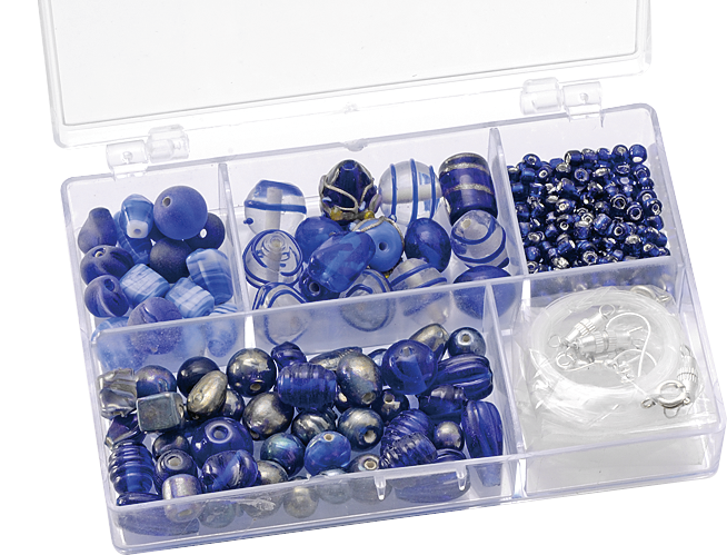 Assortimentbox glaskralen klein 11,5 x 7,5 x 2,5 cm blauGlass Beads Assortment Box small 11.5 x 7.5 x 2.5 cm blu