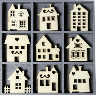 Holzornamentbox "Häuser" Motivgröße ca. 3 cm, Box: 10,5 x 10,5 c